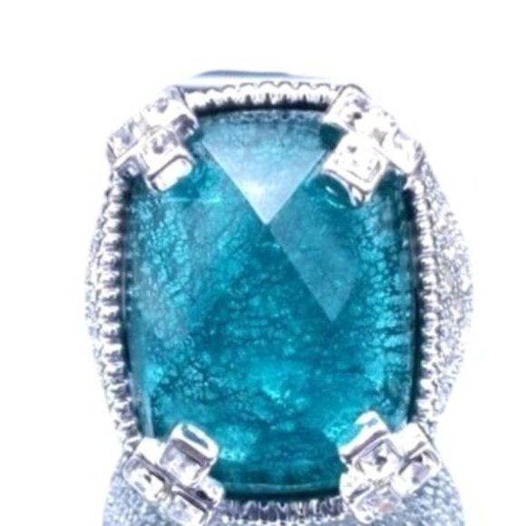 Vintage Silver-Tone Statement Ring With Emerald Green Crackled Glass Stone - Picture 1 of 4